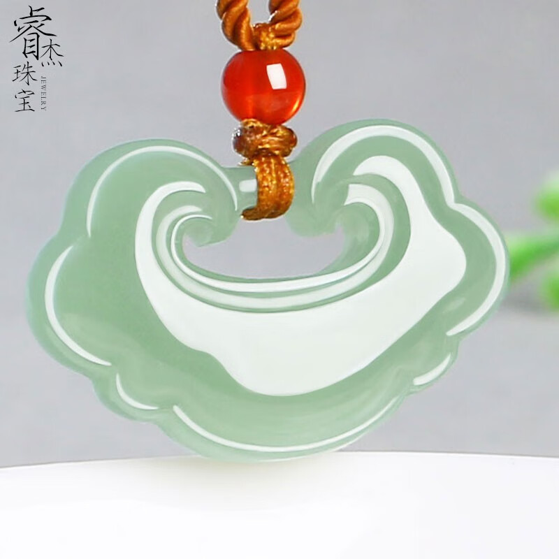 睿杰珠宝新品和田玉晴水料如意平安扣吊坠搭足金珠女款平安锁玉坠儿童