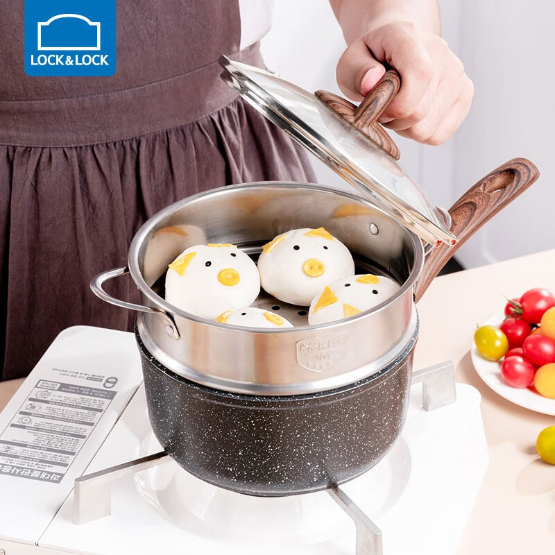 乐扣乐扣（LOCK&LOCK）麦饭石色奶锅不粘锅宝宝辅食婴儿热牛奶小锅泡面锅电磁炉通用 18cm+蒸格