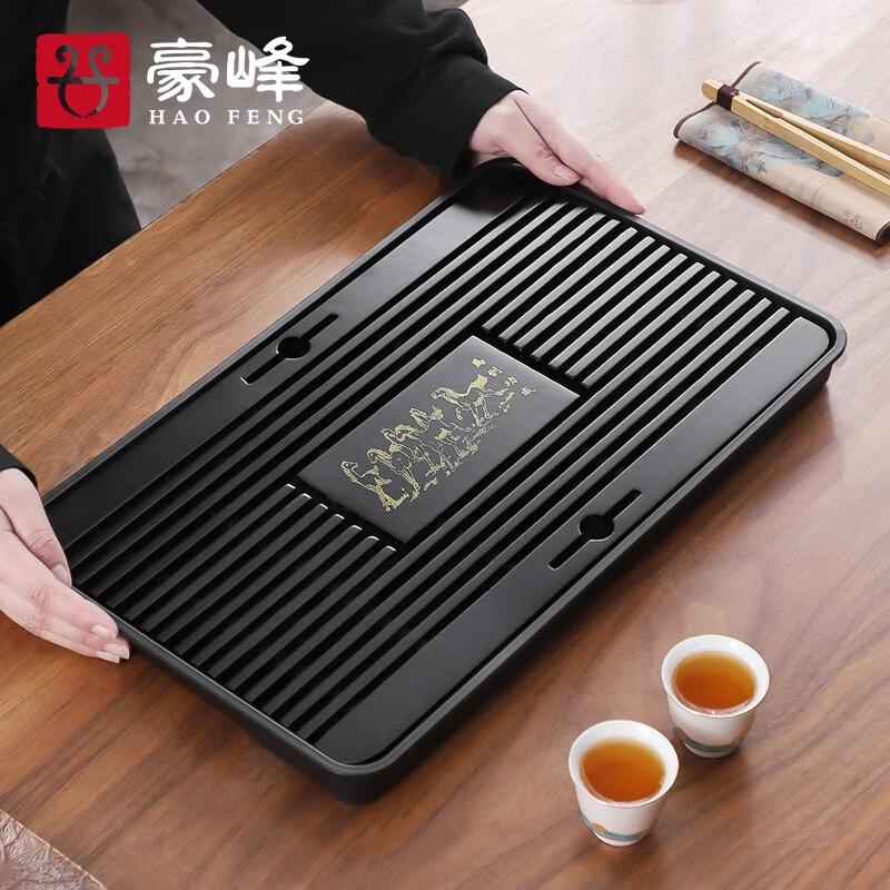 豪峰經(jīng)典實(shí)木茶盤家用客廳茶托盤茶具配件簡約儲(chǔ)水排水式干泡小型茶臺(tái)套餐 C款 黑色八馬茶盤51*32cm