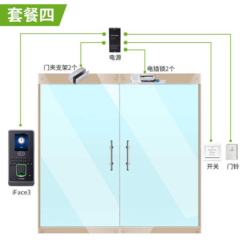 熵基科技（ZKTeco）iface3人脸识别考勤门禁一体机指纹刷卡考勤机面部打卡机门禁系统门禁锁 套餐4:双开有框玻璃门电插锁