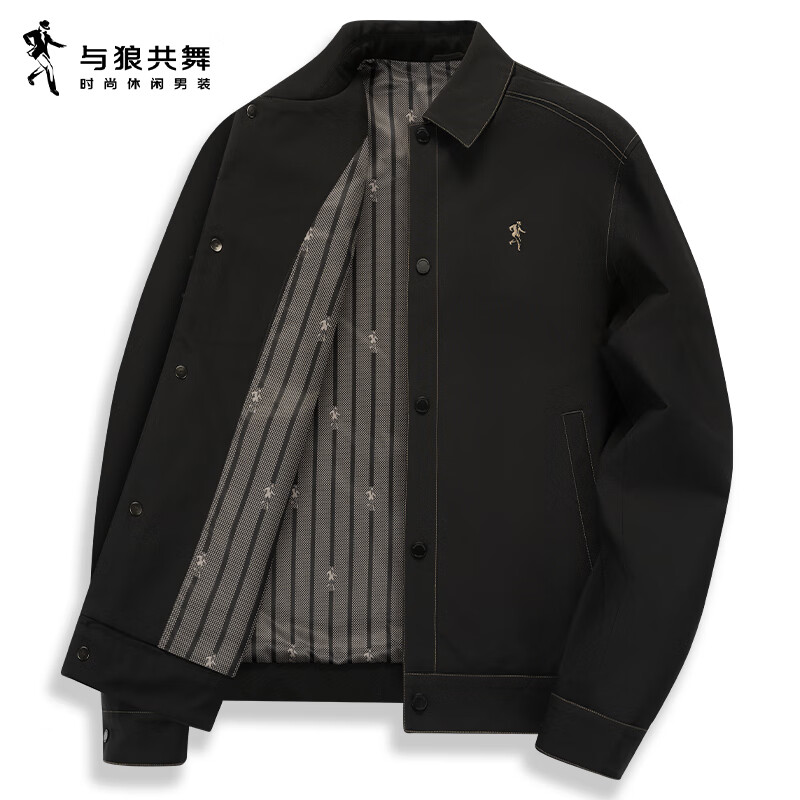 与狼共舞【明线工装风】时尚车线潮流翻领休闲夹克外套男 001黑色 180 