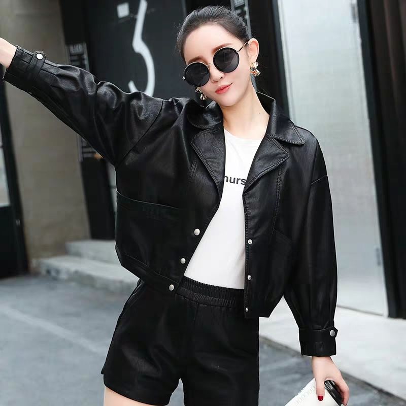 皮衣女短款外套皮衣皮裤套装2020新款皮衣秋冬宽松夹棉皮夹克大码