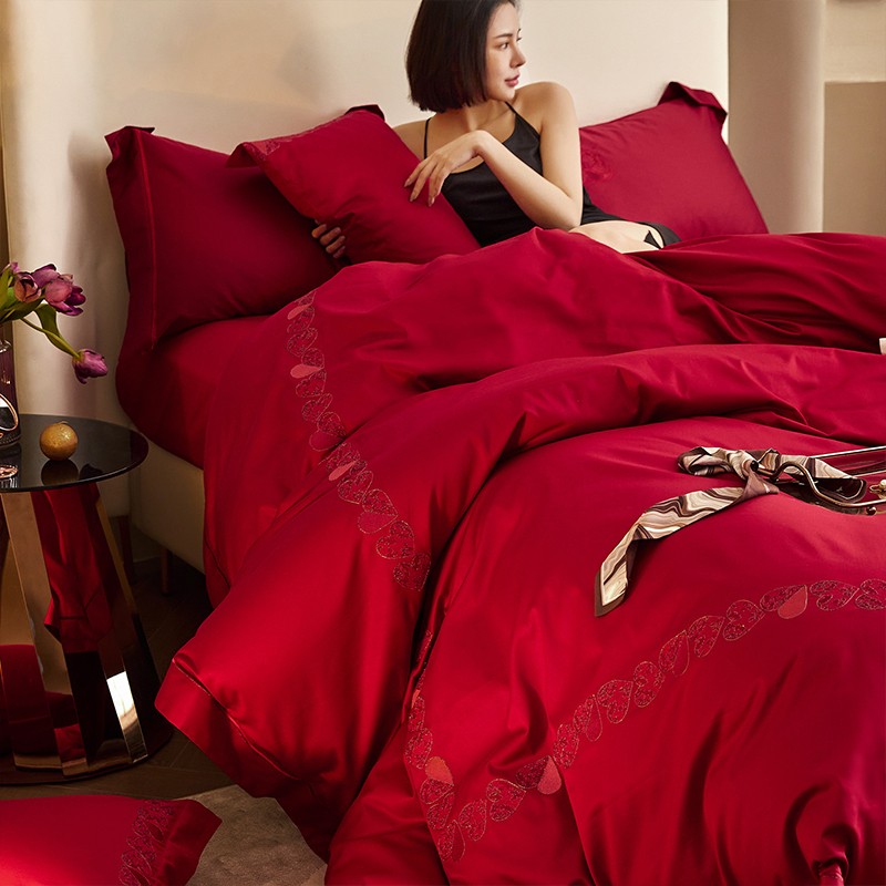 薇安卡四件套輕奢婚慶100長絨棉愛心刺繡大酒紅色結(jié)婚全棉被套床SN5212 緣定今生-床單款四件套 1.5m床(適合200*230cm被芯) 床單款 '