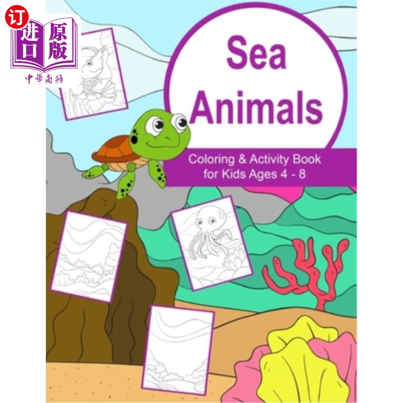 海外直订sea animals coloring and activity book for kids ages 4-8