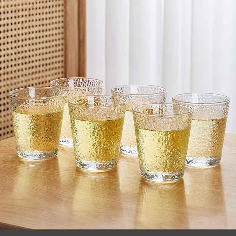 青苹果日式锤纹玻璃杯子水杯套装家用客厅待客茶杯家庭喝水果汁杯 锤纹矮款330ML/6只装