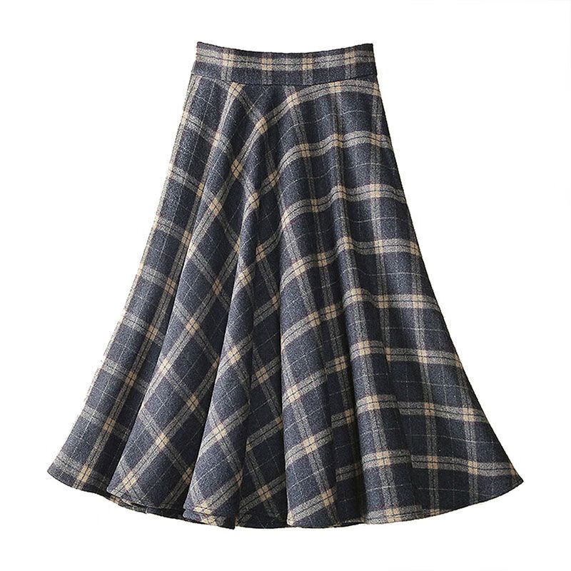 毛呢格子半身裙女春秋新款宽松复古英伦风中长款高腰包臀裙子 深灰色