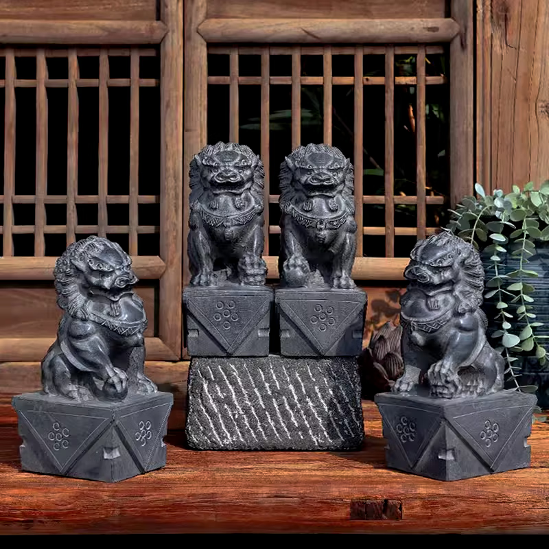 奥琅石苑 石狮子摆件一对看门客厅小号石雕石头青石家用门前门口庭院