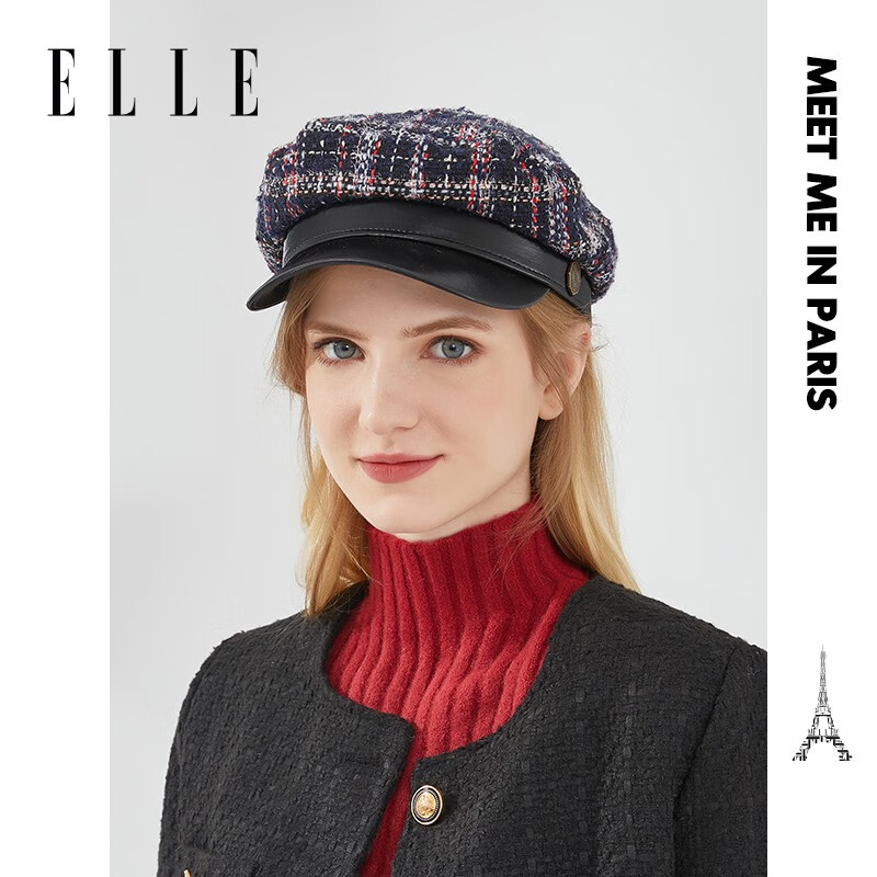 elle鸭舌帽女贝雷帽格纹帽子秋冬时尚休闲轻奢品牌复古逛街出游百搭