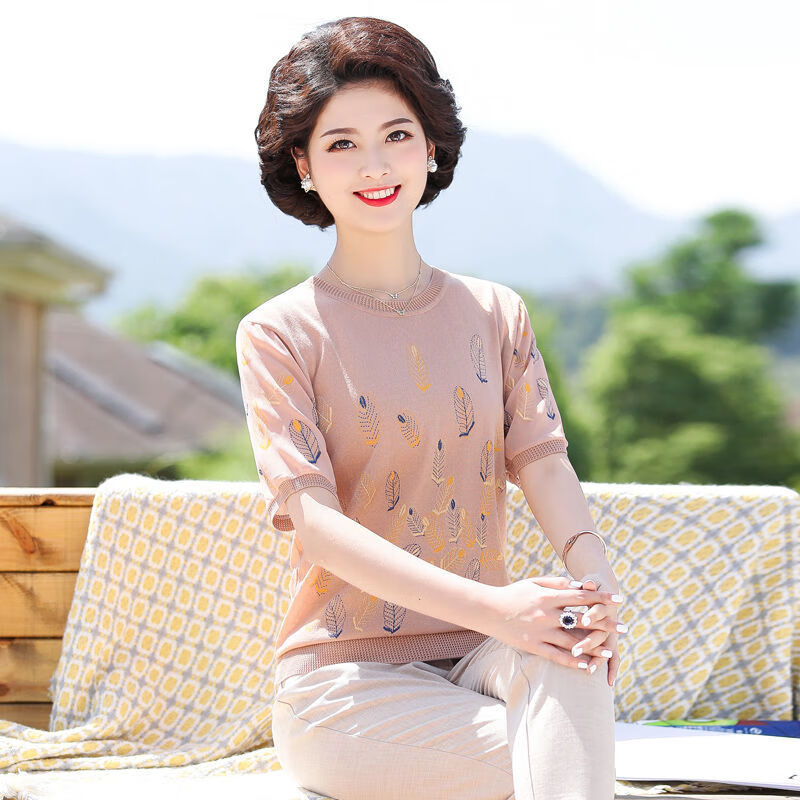 妈妈夏装套装针织小衫洋气中老年冰丝上衣女老年人短袖t恤两件套