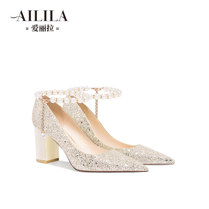 爱丽拉（AiLiLa）粗跟结婚鞋女法式轻奢主婚纱新娘鞋脚环珍珠绑带高跟鞋高级感单鞋 香槟色5CM 37