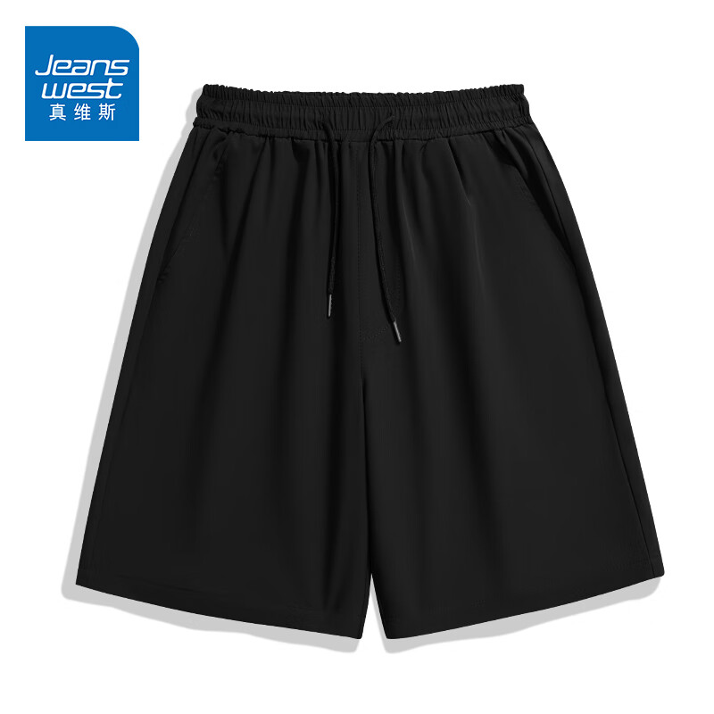 真维斯（JEANSWEST）短裤男夏季冰丝轻薄透气外穿宽松休闲速干运动风健身跑步男士裤子 黑色 纯色 2X