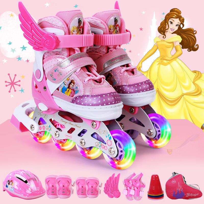 迪士尼(Disney)儿童溜冰鞋全闪光轮滑鞋套装 轮滑包可调旱冰鞋DCB71250-D8-1公主大码