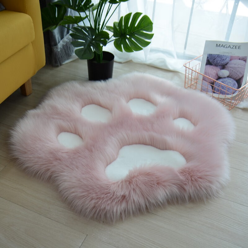 裘亿祥猫爪造型长毛绒地毯儿童房间床边地毯装饰毛毛毯网红卡通毯冬季 粉+白色 猫爪60*60cm