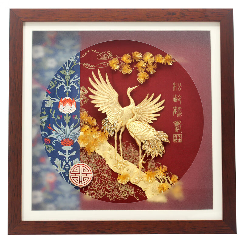igiftfire八十大寿纪念品祝寿礼品松龄鹤寿金箔画80岁老人生日礼物送