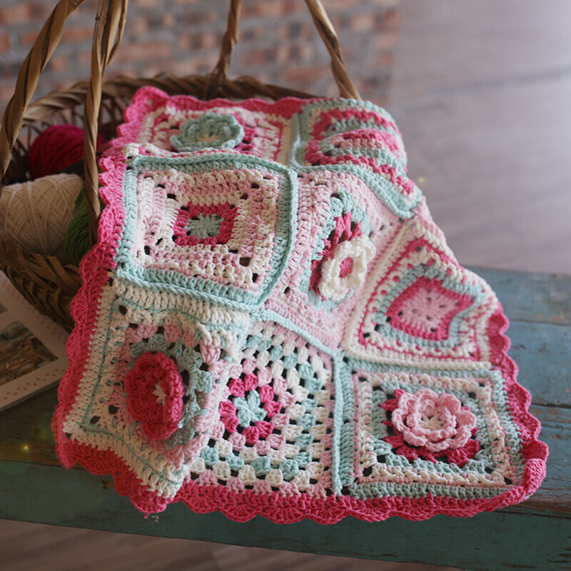 朗之舒全棉牛奶棉复手工钩花方格古董毯公主风小仙女沙发毯坐垫 成品