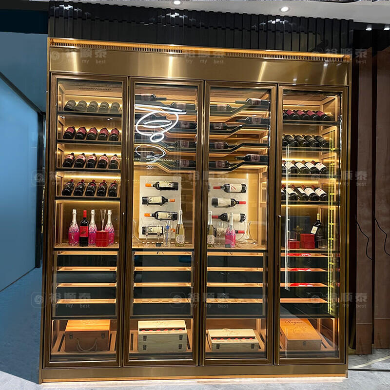 定制酒店茅台白酒红酒展示柜玻璃酒柜金属不锈钢恒湿酒柜酒架 玫瑰金