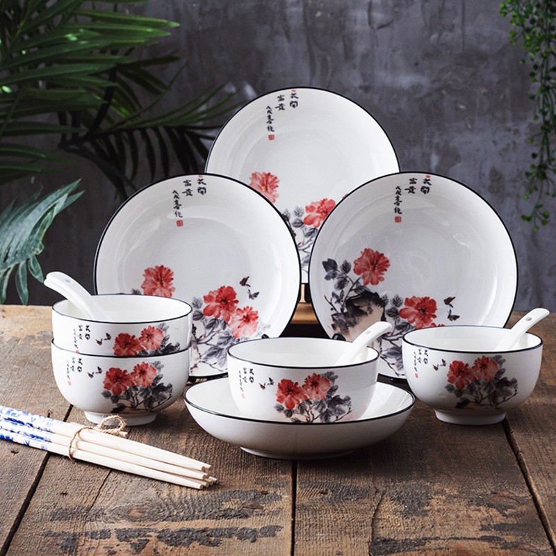 绒花瓷言 16件北欧植物花卉碗盘碟套装 创意陶瓷饭碗面碗汤碗家用菜盘子碗筷餐具 花开富贵 16件套装