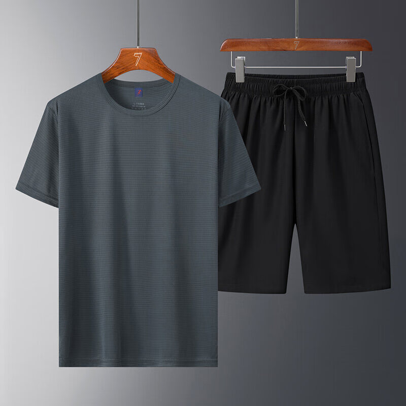 男士夏季休闲运动套装纯色可印图休闲套装男士短袖短裤运动装 (深灰色)涤短套装 4XL