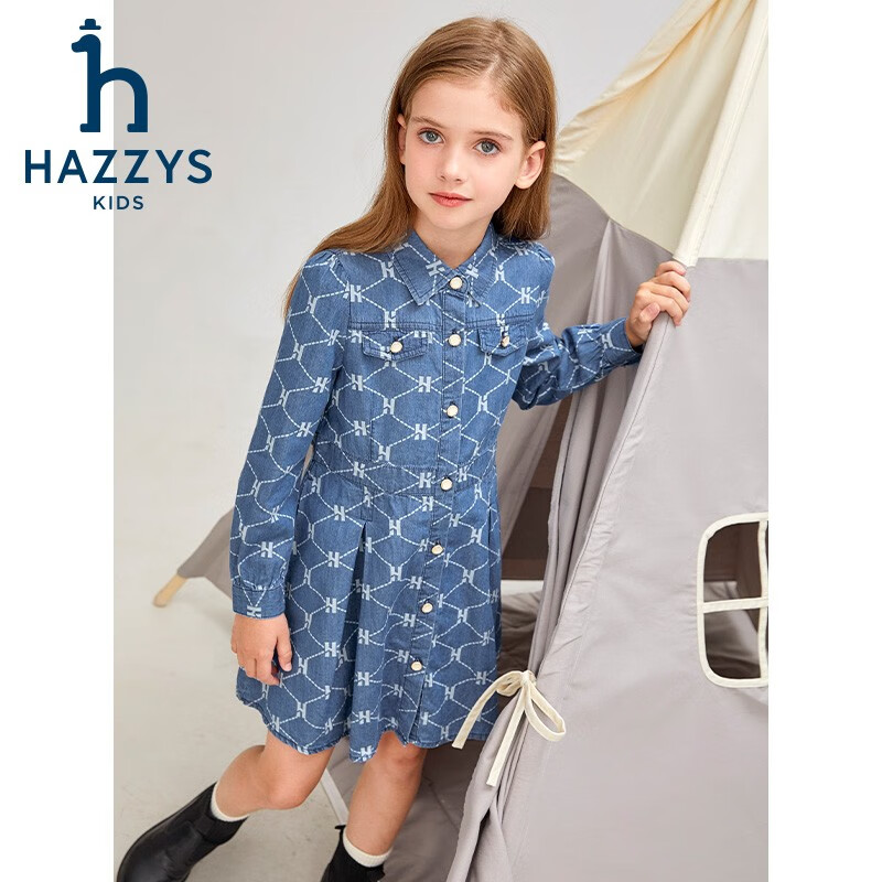 哈吉斯（HAZZYS）品牌童装女童连衣裙秋新品柔软舒适翻领简约甜美牛仔长袖裙 蓝牛仔 165