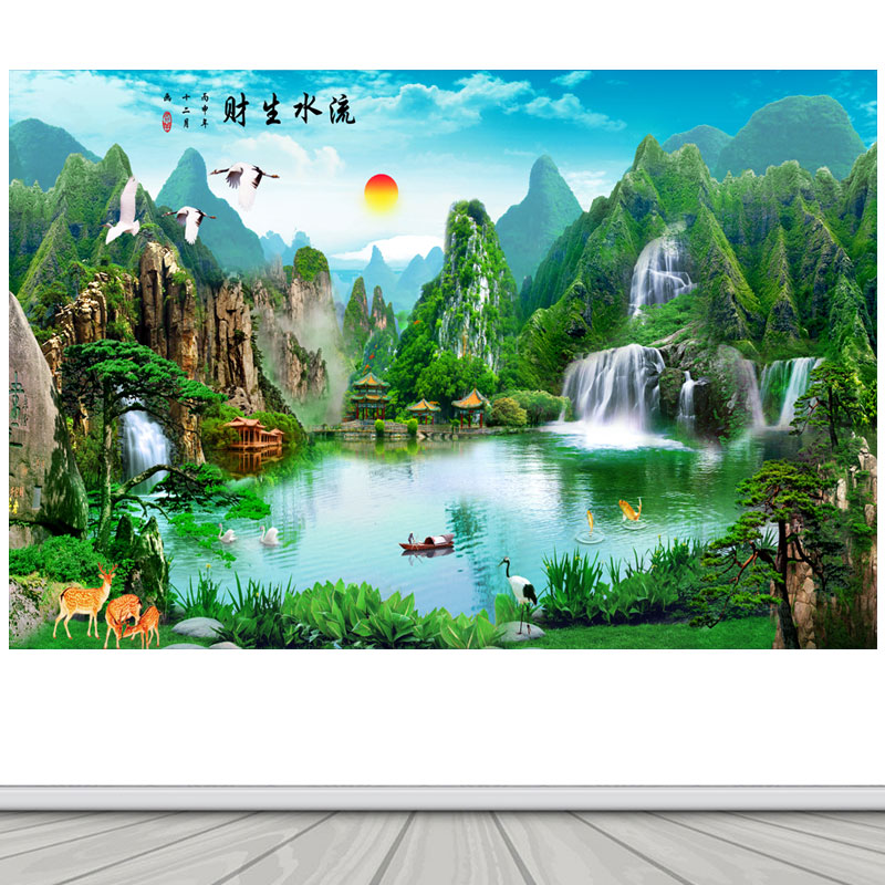 卓图有山有水山水画 流水生财装饰画 客厅沙发背景墙贴纸壁画 图1 高