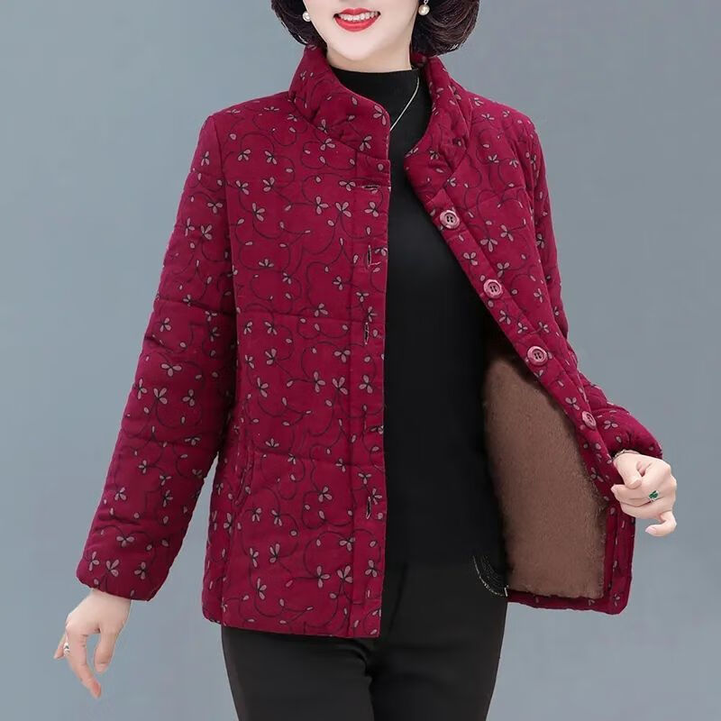 优如穗 女式灯芯绒花棉衣装女冬人奶奶短款加厚加绒棉袄棉服花棉衣