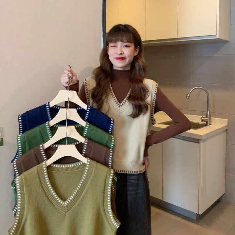 翊尚美针织马甲女春秋可外穿短款V领背心上衣新款宽松内搭坎肩 杏色 均码 【推荐80-140斤】