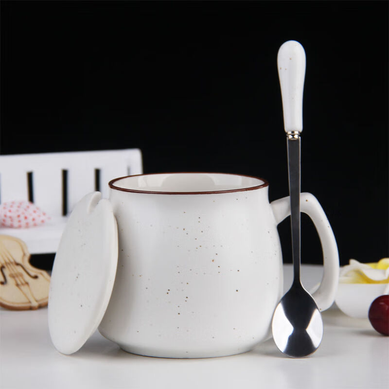 早餐杯子陶瓷马克杯带盖勺创意牛奶杯情侣咖啡杯简约家用办公水杯 满天星白色 日式杯【单杯】