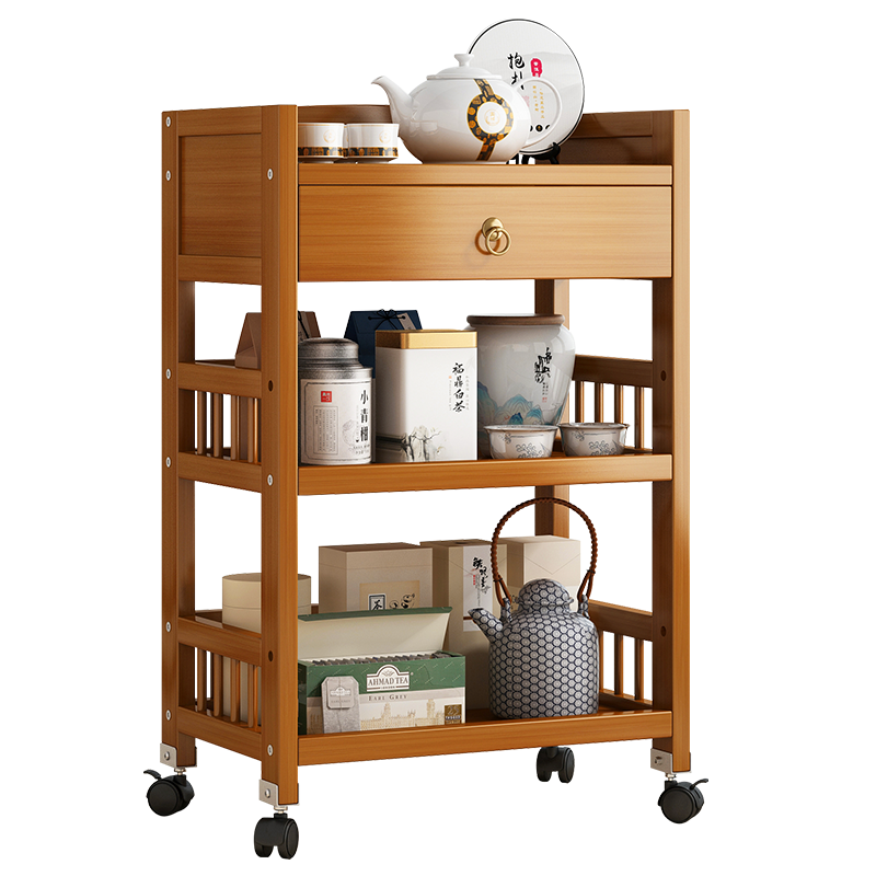 竹艺佳茶水柜移动茶水台厨房架子简易多层置物架落地收纳架卫生间放置架多功能储物架 围栏带抽50cm