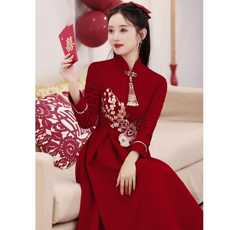 塞德勒（SAIDELE）新娘酒红色中式旗袍敬酒服长款订婚礼服回门丝绒裙长袖冬季 酒红色 L (建议106-115斤)属于什么档次？