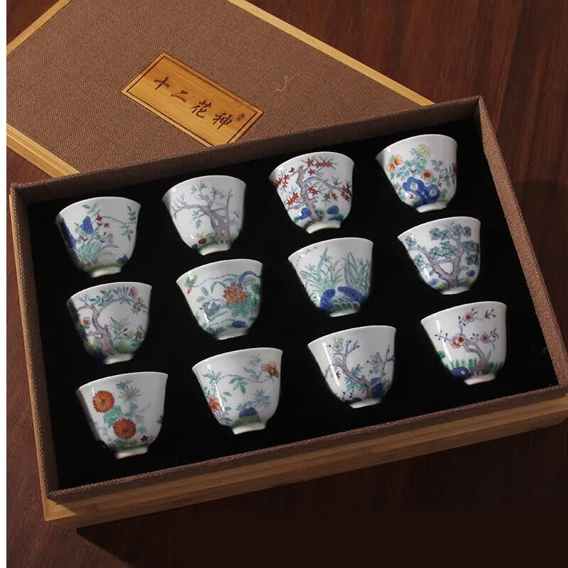茶杯 陶瓷一套 清康熙青花斗彩十二花神杯一套茶杯茶具古玩古董陶瓷器