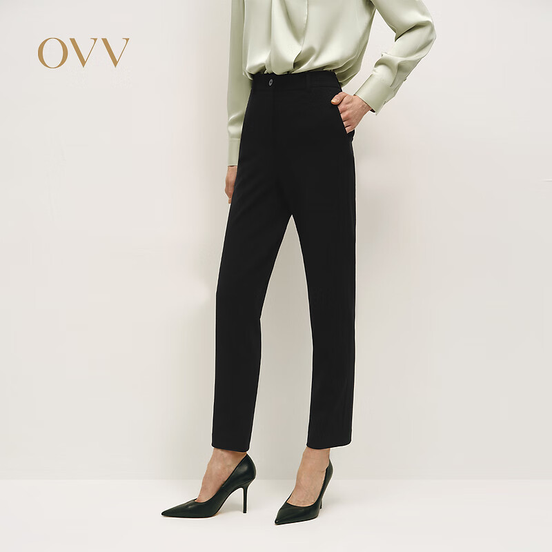 OVV2024秋冬新款女装经典基础易搭休闲通勤九分羊毛休闲裤 赫本黑 L