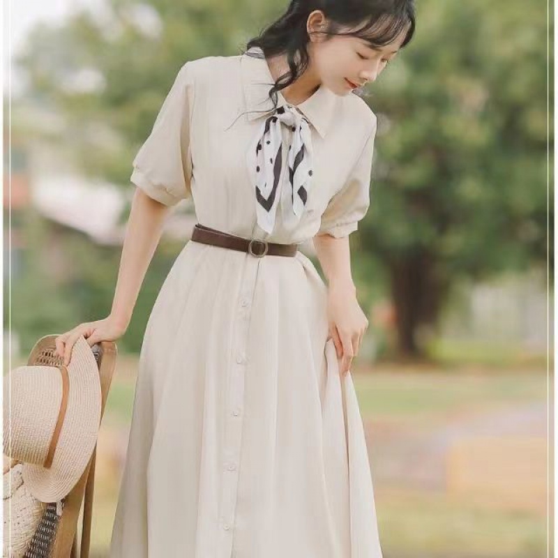 女装法式小个子连衣裙夏季学生衬衫裙收腰显瘦小清新甜美梗桔初恋裙子
