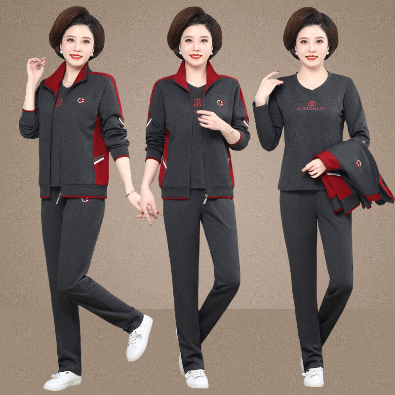 运动服三件套装新款休闲运动三件套中年健身服套装春秋瑜伽服妈妈装