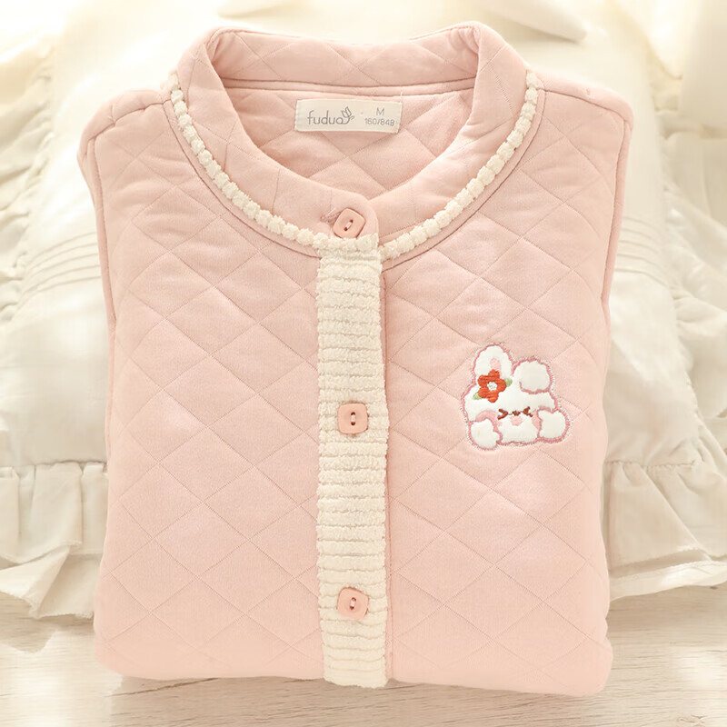 富朵（fuduo）秋冬月子服空氣棉孕產(chǎn)婦睡衣產(chǎn)后加厚保暖喂奶衣春待產(chǎn)家居服 萌兔柔霧粉FD0495 M【適合120斤以下穿】