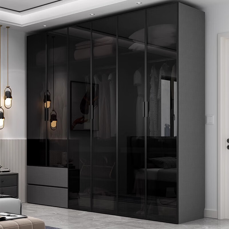 织季黑色钢化玻璃门衣橱简约实木质储物布纹灰柜体家用卧室60深度衣柜
