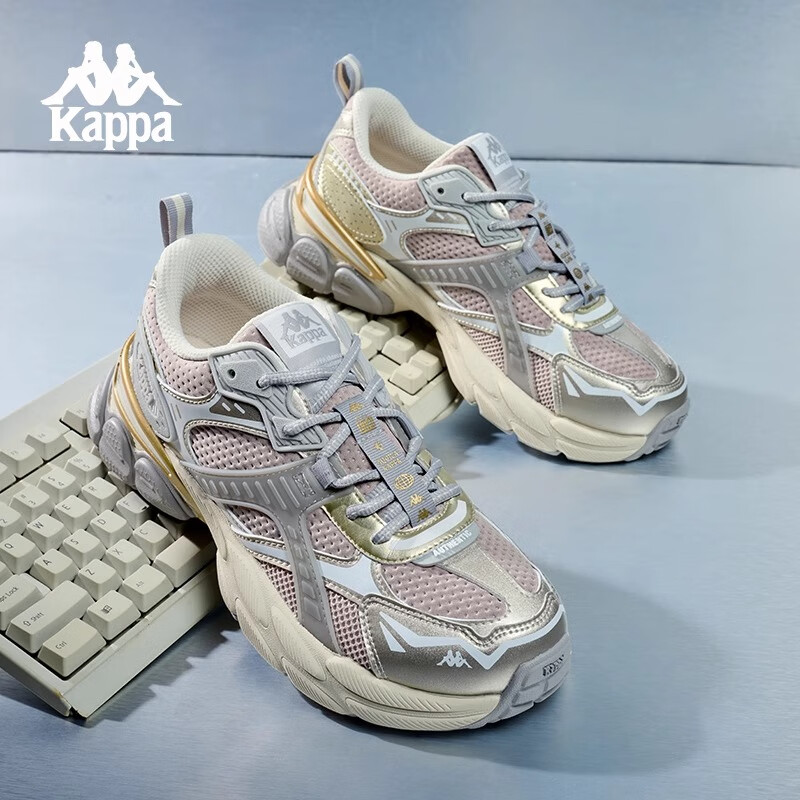 卡帕(Kappa)背靠背男女情侣老爹鞋春秋款厚底增高鞋子2024新款休闲运动鞋 草菇棕/金色/经典白-6356 41