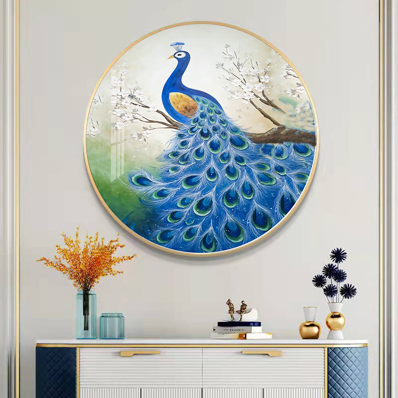 【精选】圆形孔雀高档晶瓷镶钻挂画入户玄关餐厅墙画沙发背景圆壁画