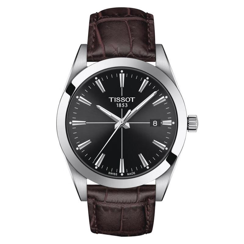 天梭(tissot)gentleman圆盘石英表 100米防水 简约皮带男士手表 black