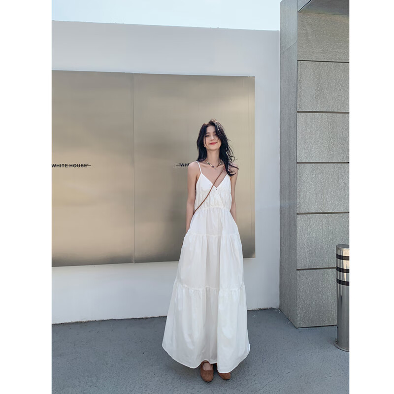 汐雨 白色度假旅游沙滩裙复古宽松显瘦吊带裙蛋糕裙连衣裙仙 仙女白 s