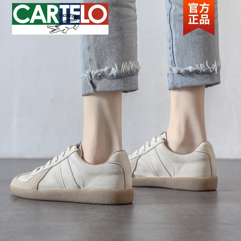 卡帝乐鳄鱼(cartelo)真皮小白鞋女2024新款软底软面舒适头层牛皮复古
