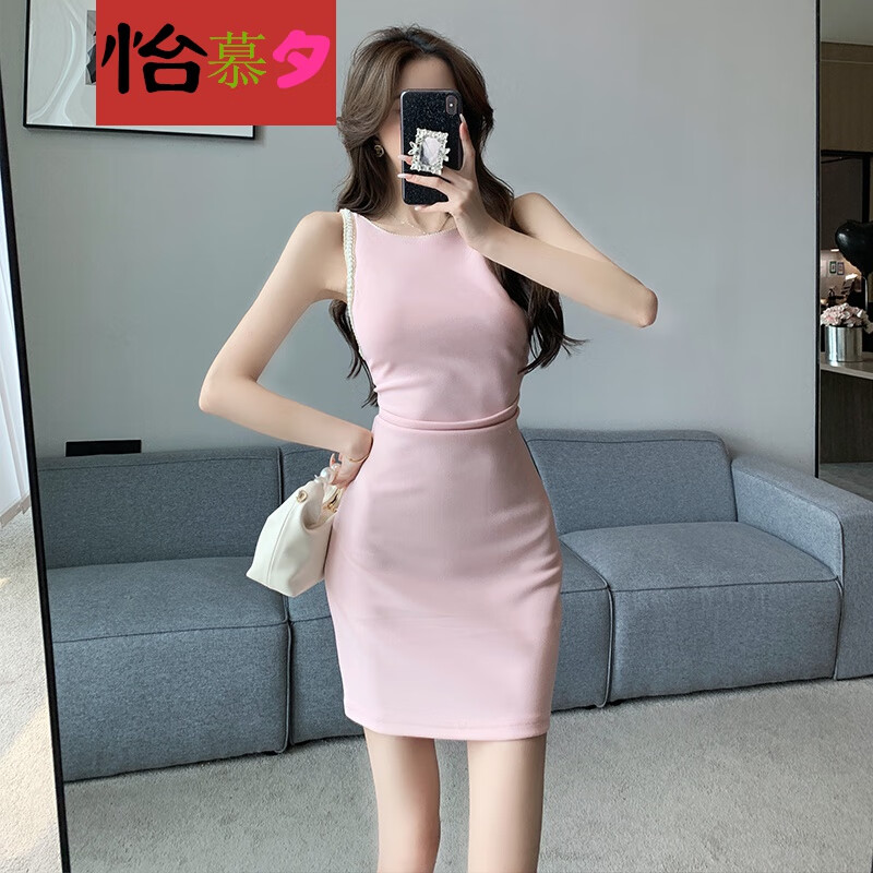 怡慕夕吊带连衣裙轻奢一字肩设计感无袖收腰背心连衣裙夏甜辣奶甜奶