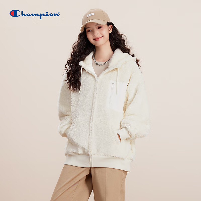 Champion冠军摇粒绒连帽卫衣女2024冬季新款外套保暖简约休闲潮牌 燕麦色 S