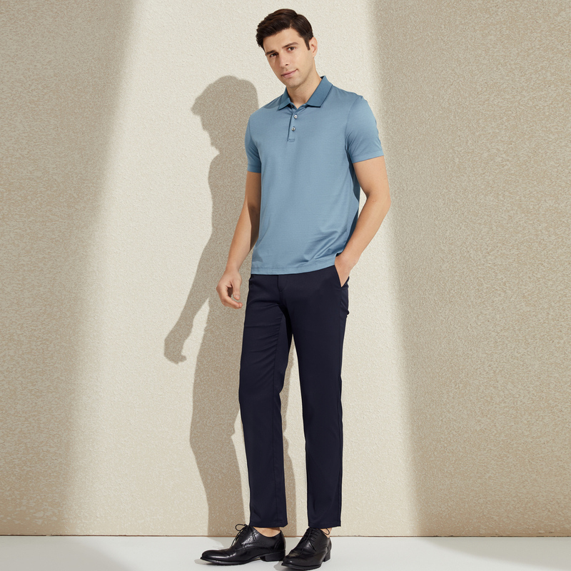MAYOR男装新款春夏丝棉混纺商务休闲翻领微弹短袖POLO衫 浅蓝 S 165