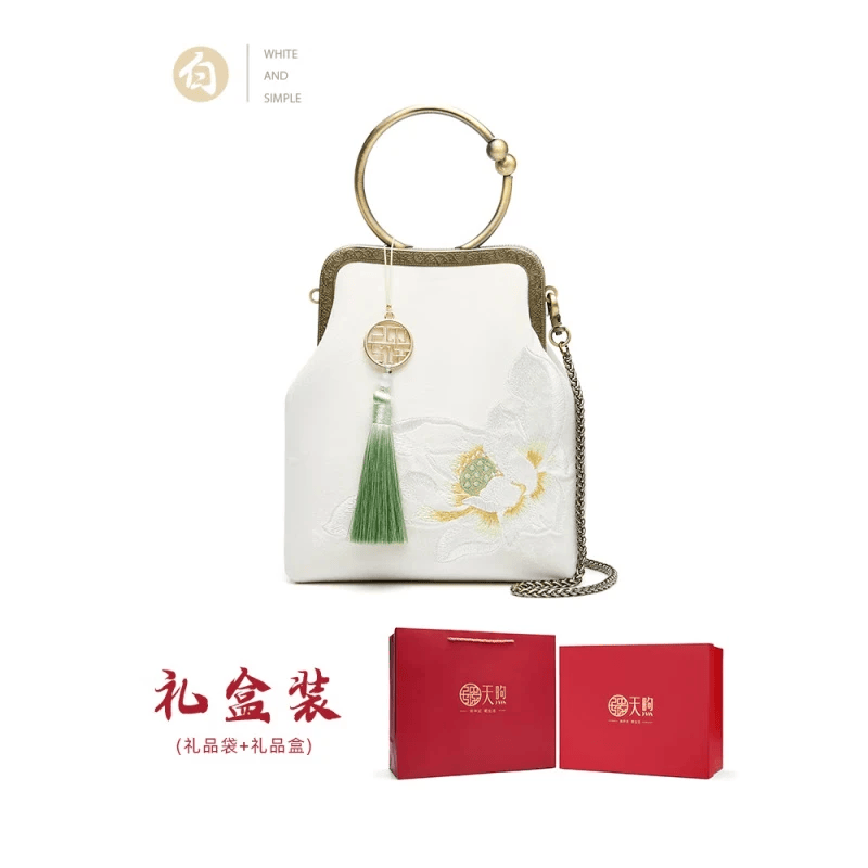 PmSix中国风刺绣女包竖款小包绣花旗袍包复古手拎包链条单肩包放手机包 白色-送礼盒+礼品袋