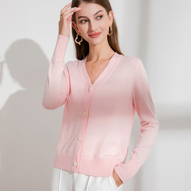 德凯佳新款v领春夏针织衫外搭开衫纽扣纯色长袖外套上衣羊毛衫 米白 S