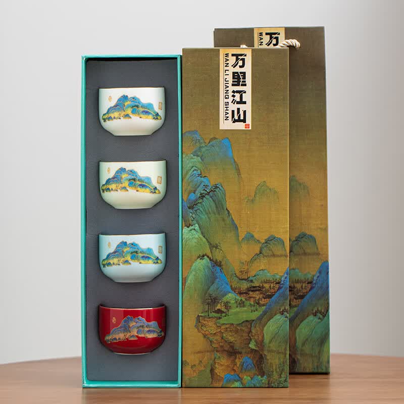 万里江山主人杯套装羊脂玉茶杯礼盒装文创国潮茶盏品茗杯陶瓷礼品