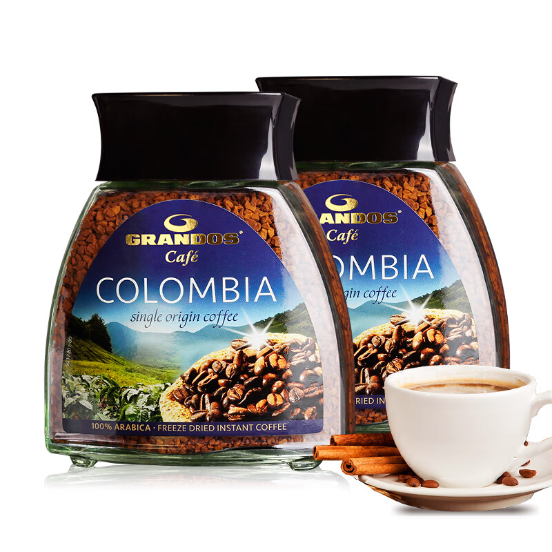 格兰特 GRANDOS 哥伦比亚阿拉比卡速溶冻干纯黑咖啡100g*2瓶 原装进口