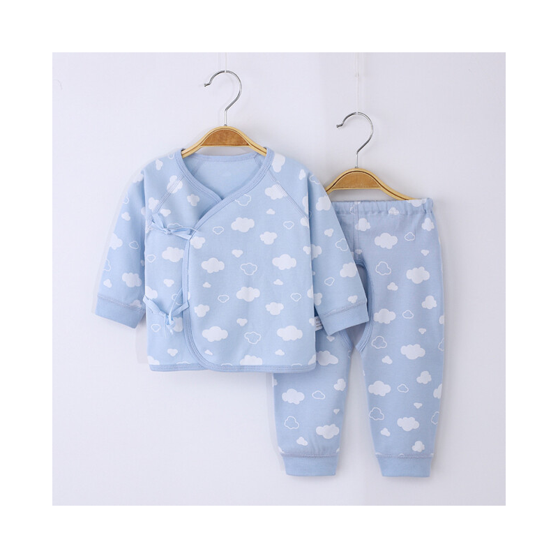 小猪球球 新生儿衣服0-3月纯棉春秋款婴儿宝宝和尚服内衣套装 蓝色两用裆无骨系带套装82981 52cm适合0-2月