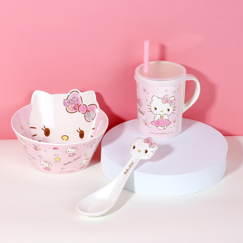 五和（WUHE）儿童碗宝宝辅食碗餐具餐盘分格宝宝三丽鸥婴儿水杯碗勺套装 凯蒂猫深碗+杯子+勺子 赠吸管