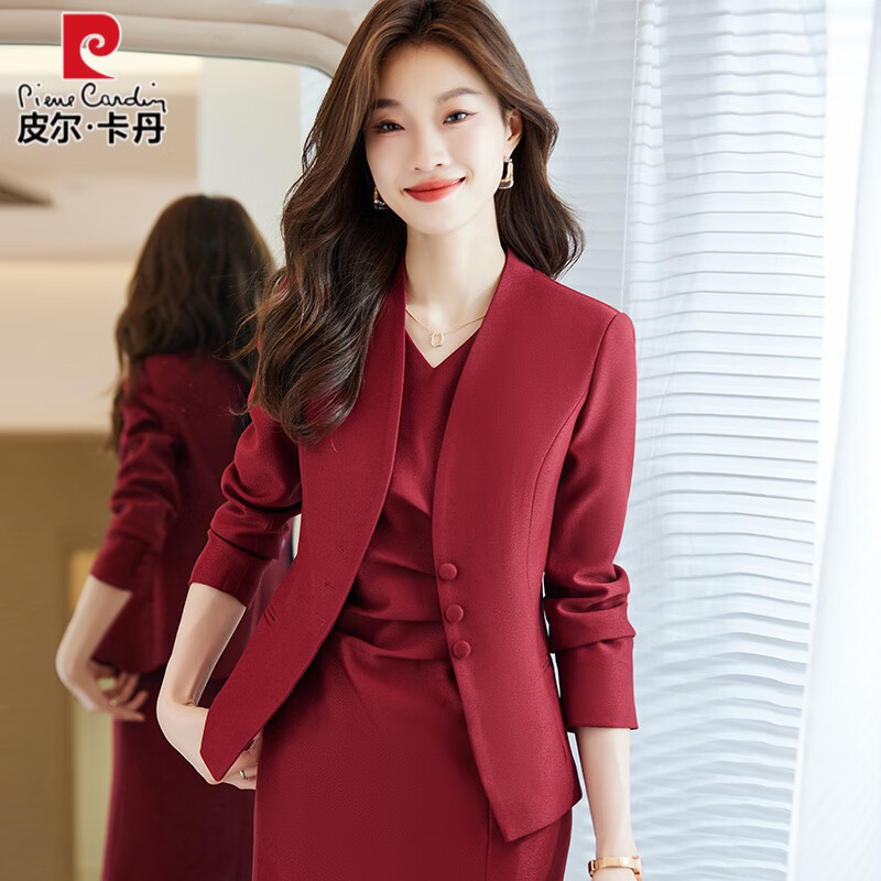 皮尔卡丹红色无领西装外套女春秋2023新款高级感职业主持人正装西服套装裙 红色西装 S使用感如何?